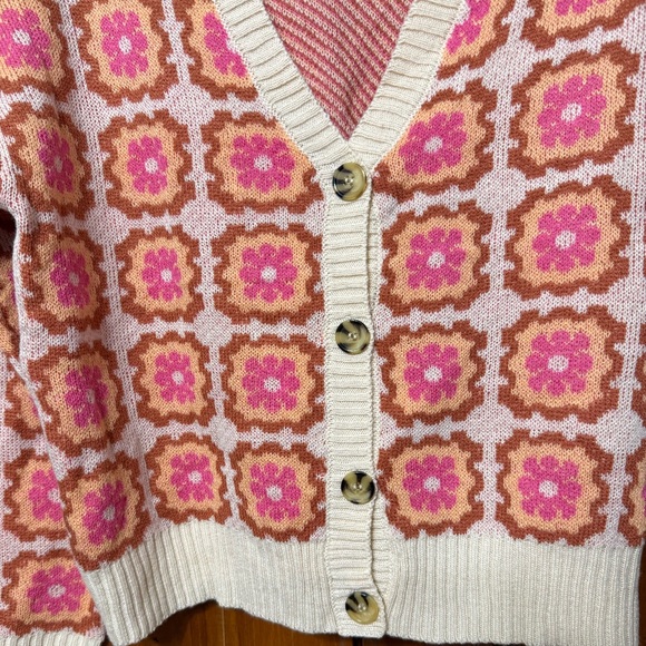 No Comment Ny La Sweaters - Retro Floral Granny Square Cardigan Sweater Pink Tan Size Small